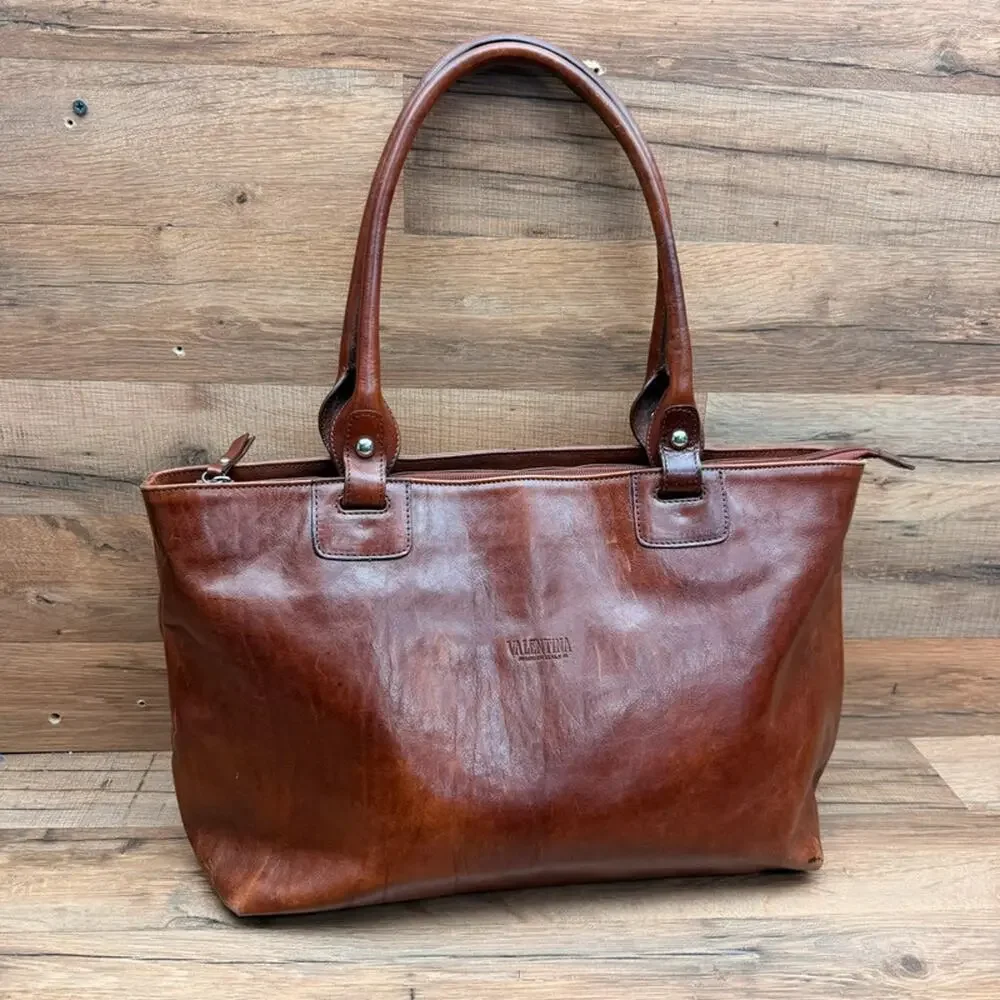 Vintage Valentina Leather Tote Top Handles Dark Brown Leather Travel Laptop Bag